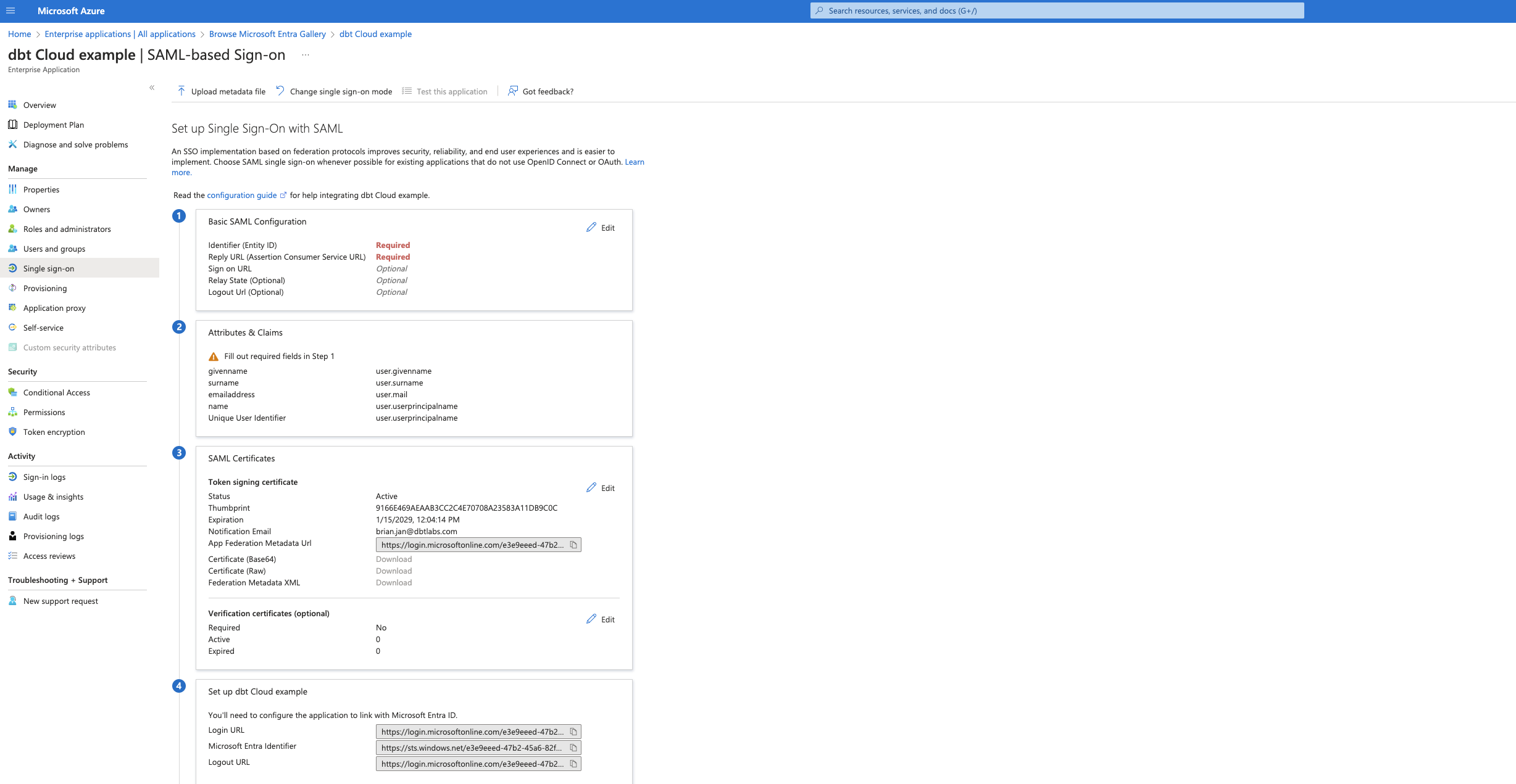 In the 'Set up Single Sign-On with SAML' page, click 'Edit' in the the 'Basic SAML Configuration' card